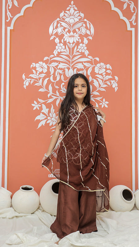 Brown Gota Sequin Design Kurta Palazzo Dupatta Set