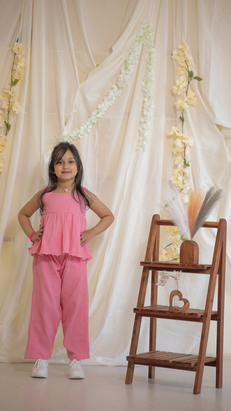 Baby Pink Cotton Crepe Crush Coord-set