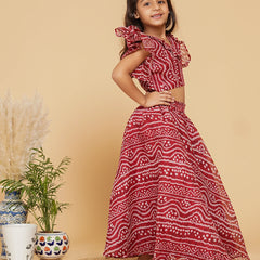 Maroon Bandhani Doriya Crop top Skirt set