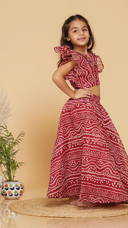 Maroon Bandhani Doriya Crop top Skirt set