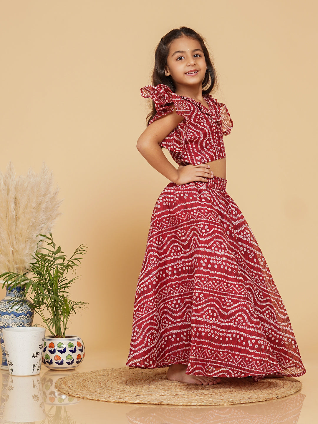 Maroon Bandhani Doriya Crop top Skirt set