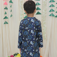 Navy Blue Pure Cotton Floral Print Full Sleeve Boys Kurta with Mandarin Collar