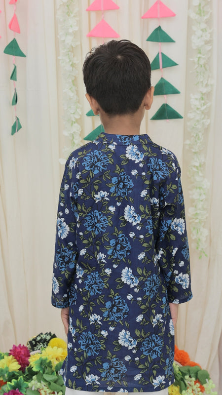 Navy Blue Pure Cotton Floral Print Full Sleeve Boys Kurta with Mandarin Collar