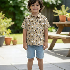 Kids Beige Lion Print Pure Cotton Half Sleeve Shirt