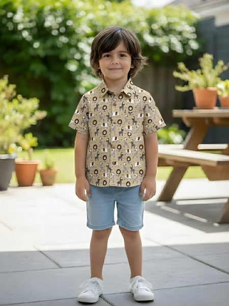 Kids Beige Lion Print Pure Cotton Half Sleeve Shirt