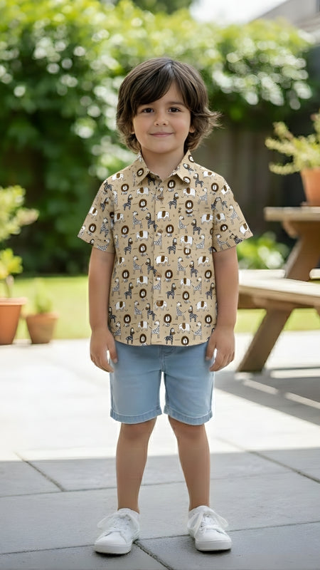 Kids Beige Lion Print Pure Cotton Half Sleeve Shirt