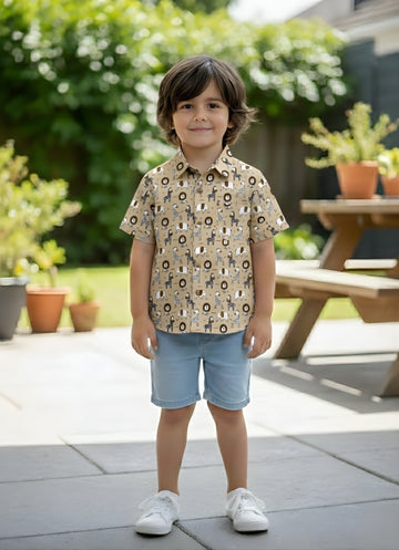 Kids Beige Lion Print Pure Cotton Half Sleeve Shirt