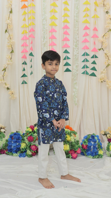 Navy Blue Pure Cotton Floral Print Full Sleeve Boys Kurta with Mandarin Collar