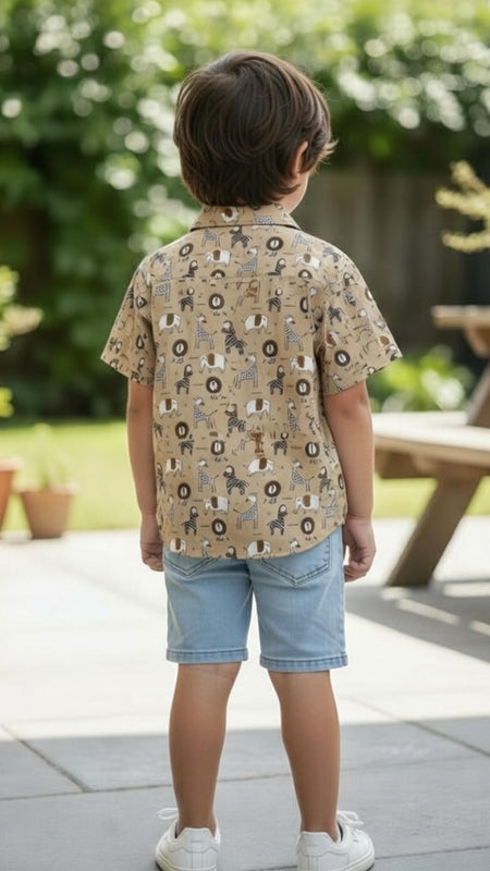 Kids Beige Lion Print Pure Cotton Half Sleeve Shirt