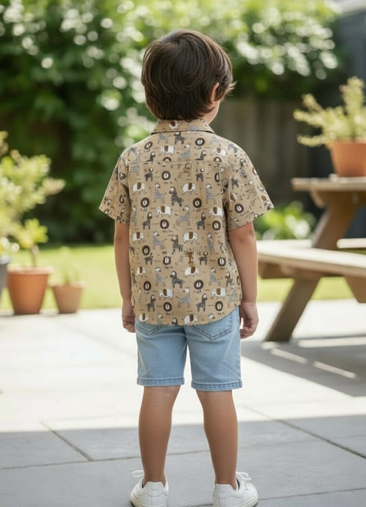 Kids Beige Lion Print Pure Cotton Half Sleeve Shirt