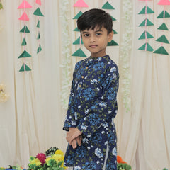 Navy Blue Pure Cotton Floral Print Full Sleeve Boys Kurta with Mandarin Collar