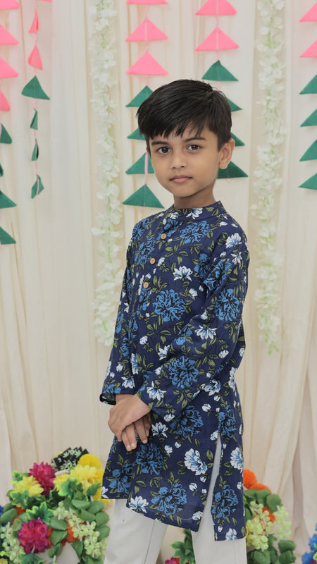 Navy Blue Pure Cotton Floral Print Full Sleeve Boys Kurta with Mandarin Collar