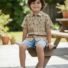 Kids Beige Lion Print Pure Cotton Half Sleeve Shirt