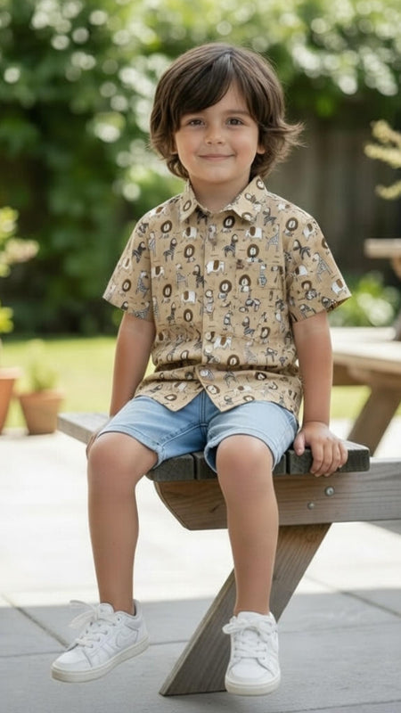 Kids Beige Lion Print Pure Cotton Half Sleeve Shirt