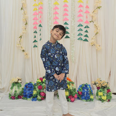 Navy Blue Pure Cotton Floral Print Full Sleeve Boys Kurta with Mandarin Collar