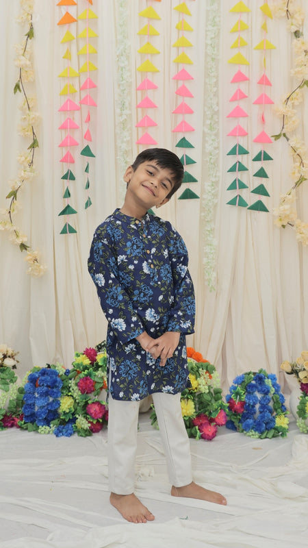 Navy Blue Pure Cotton Floral Print Full Sleeve Boys Kurta with Mandarin Collar