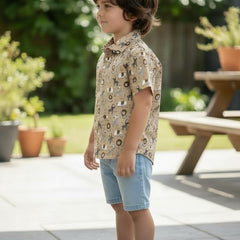 Kids Beige Lion Print Pure Cotton Half Sleeve Shirt