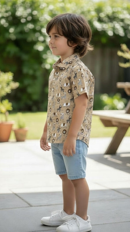 Kids Beige Lion Print Pure Cotton Half Sleeve Shirt