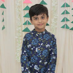 Navy Blue Pure Cotton Floral Print Full Sleeve Boys Kurta with Mandarin Collar