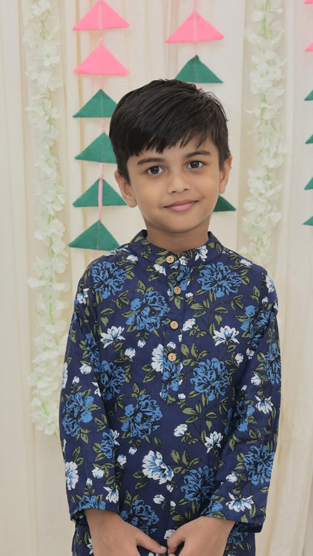 Navy Blue Pure Cotton Floral Print Full Sleeve Boys Kurta with Mandarin Collar