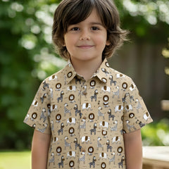 Kids Beige Lion Print Pure Cotton Half Sleeve Shirt