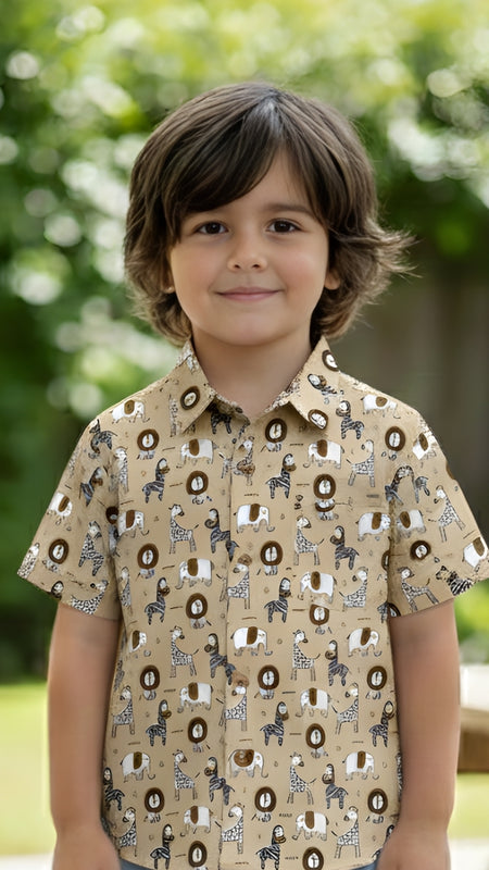 Kids Beige Lion Print Pure Cotton Half Sleeve Shirt