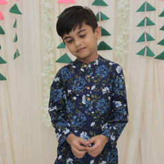 Navy Blue Pure Cotton Floral Print Full Sleeve Boys Kurta with Mandarin Collar