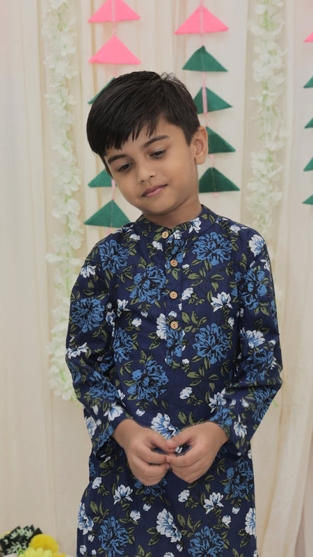 Navy Blue Pure Cotton Floral Print Full Sleeve Boys Kurta with Mandarin Collar