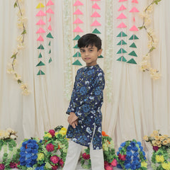 Navy Blue Pure Cotton Floral Print Full Sleeve Boys Kurta with Mandarin Collar