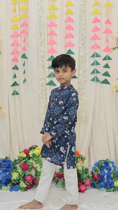 Navy Blue Pure Cotton Floral Print Full Sleeve Boys Kurta with Mandarin Collar