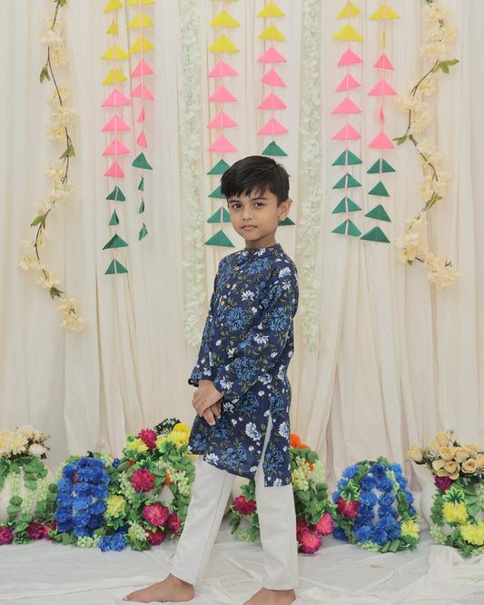Navy Blue Pure Cotton Floral Print Full Sleeve Boys Kurta with Mandarin Collar