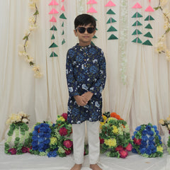 Navy Blue Pure Cotton Floral Print Full Sleeve Boys Kurta with Mandarin Collar