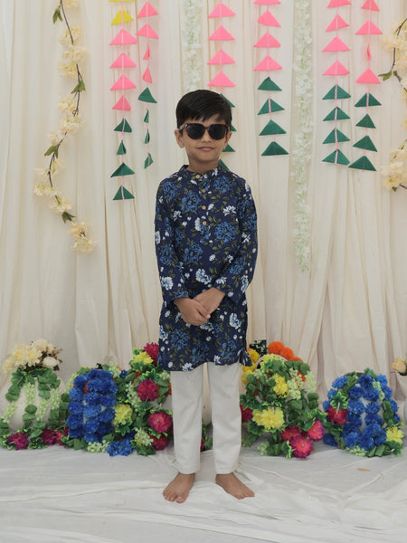 Navy Blue Pure Cotton Floral Print Full Sleeve Boys Kurta with Mandarin Collar