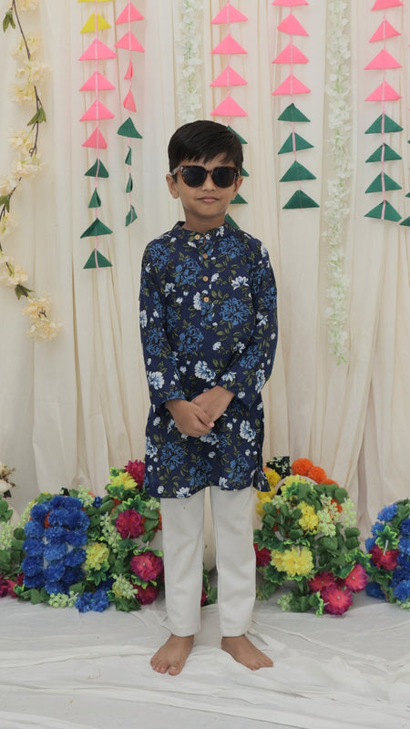 Navy Blue Pure Cotton Floral Print Full Sleeve Boys Kurta with Mandarin Collar