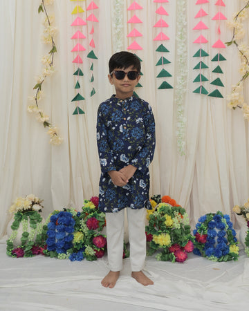Navy Blue Pure Cotton Floral Print Full Sleeve Boys Kurta with Mandarin Collar