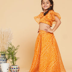 Mustard Bandhani Doriya Crop top Skirt set