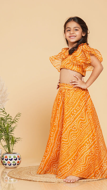 Mustard Bandhani Doriya Crop top Skirt set