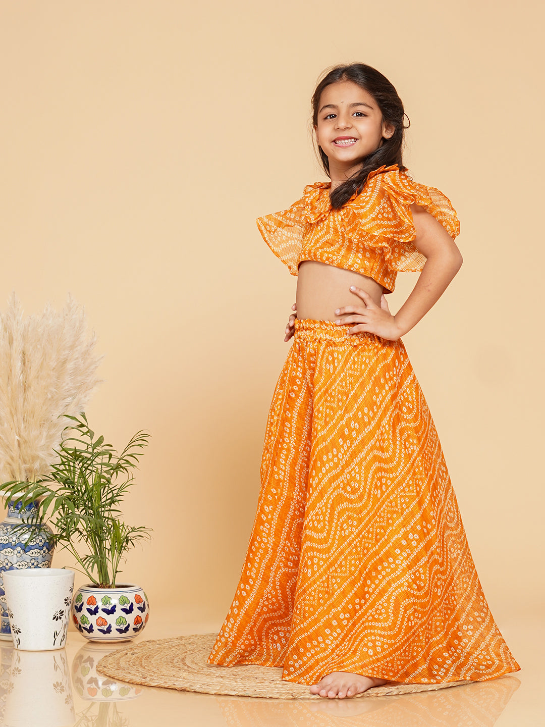 Mustard Bandhani Doriya Crop top Skirt set