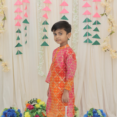 Green Pure Cotton Kota Doriya Zigzag Print Full Sleeve Boys Kurta