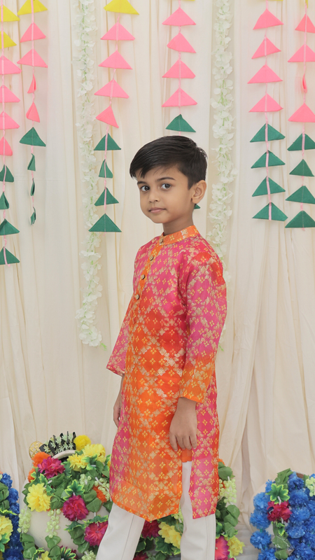 Green Pure Cotton Kota Doriya Zigzag Print Full Sleeve Boys Kurta