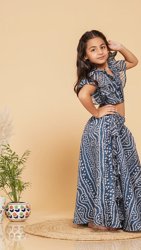 Blue Bandhani Doriya Crop top Skirt set