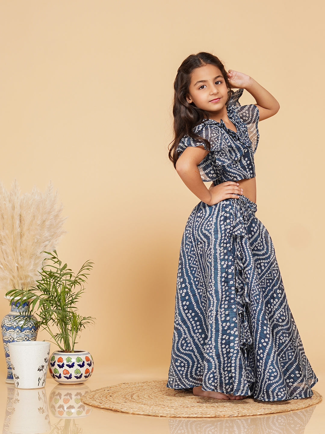 Blue Bandhani Doriya Crop top Skirt set