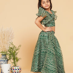 Green Bandhani Doriya Crop top Skirt set