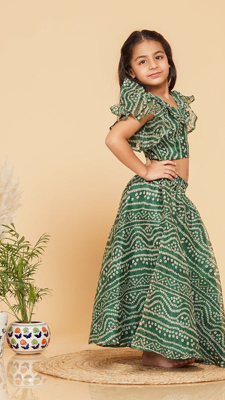 Green Bandhani Doriya Crop top Skirt set