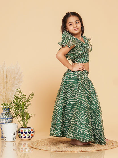 Green Bandhani Doriya Crop top Skirt set