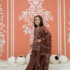 Brown Gota Sequin Design Kurta Palazzo Dupatta Set