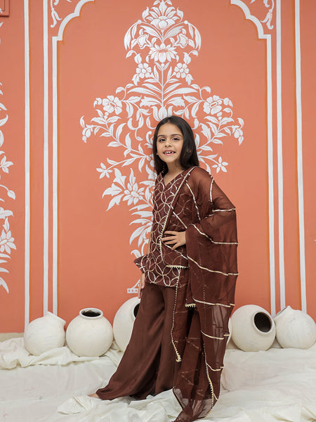 Brown Gota Sequin Design Kurta Palazzo Dupatta Set