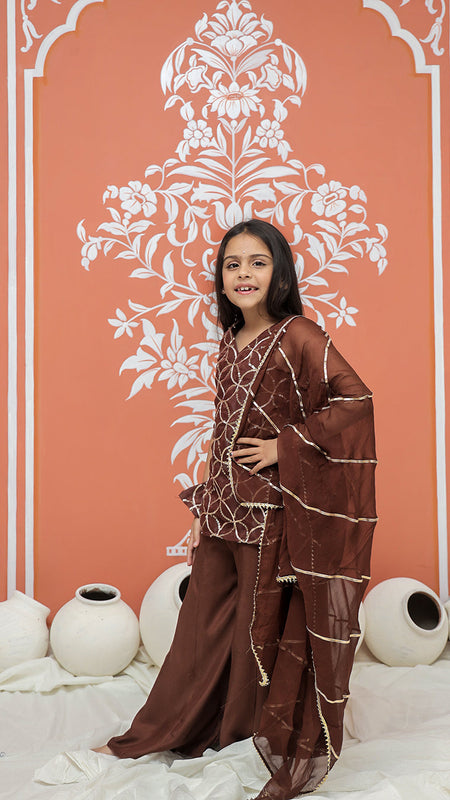 Brown Gota Sequin Design Kurta Palazzo Dupatta Set