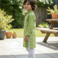 Green Pure Cotton Kota Doriya Zigzag Print Full Sleeve Boys Kurta