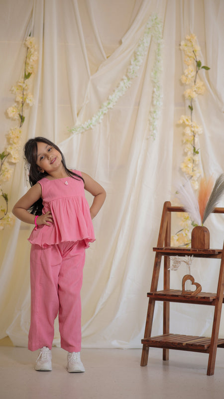 Baby Pink Cotton Crepe Crush Coord-set